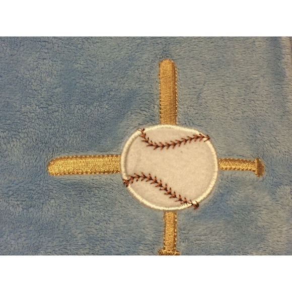 Cocalo Boy Baby Blanket Blue Baseball Applique Plaid Trim Binding 32 x 27 - Picture 2 of 6